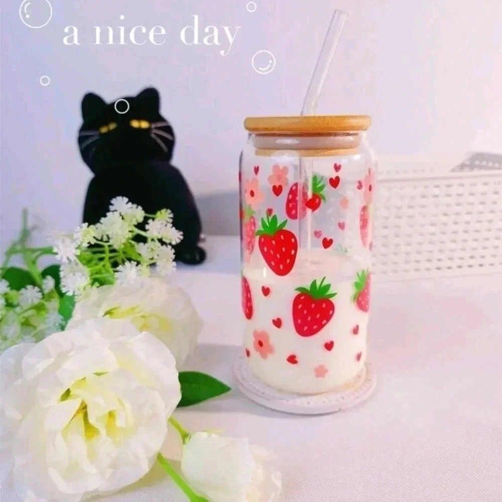 Glass strawberry milk jar cup lid straw dispenser kawaii cute water bottle coffe